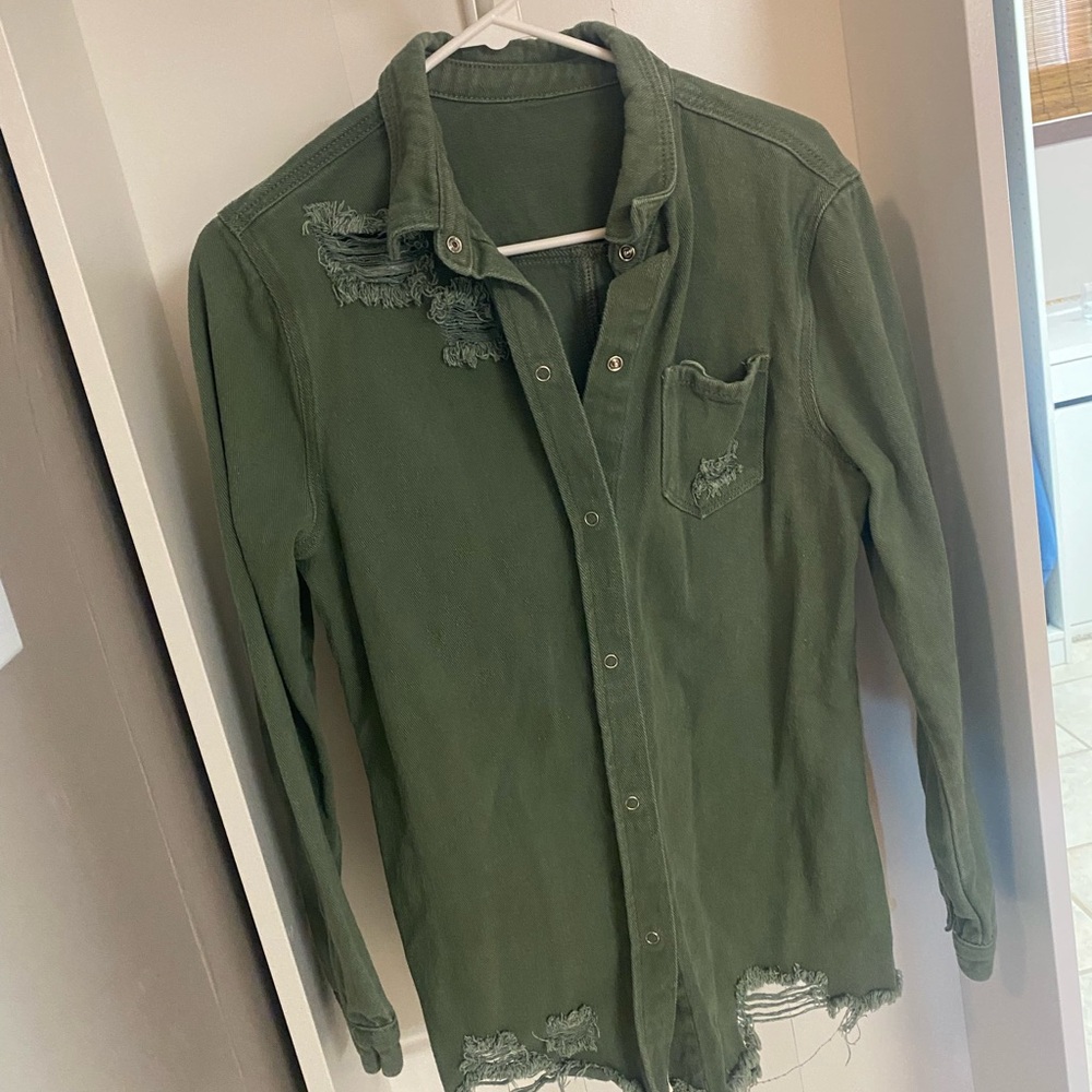 Distressed Olive Green Button Down Shirt